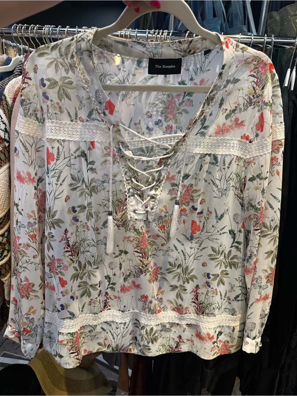 The Kooples Women's White M Floral Lace-Up Blouse